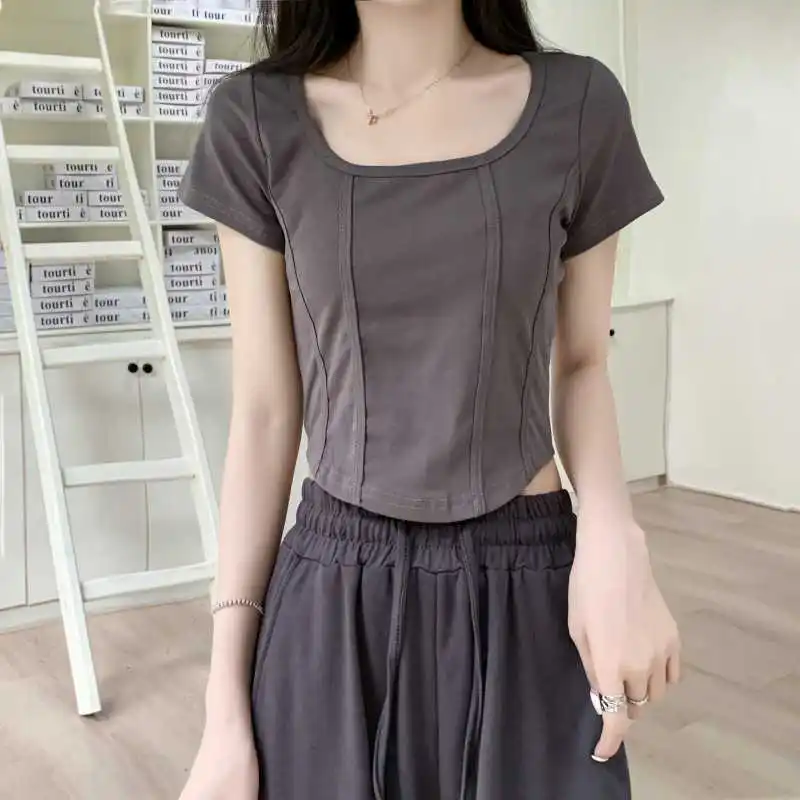 

Новинка Лето 2022 Повседневный однотонный топ с коротким рукавом из 100% хлопка с квадратным вырезом Серый