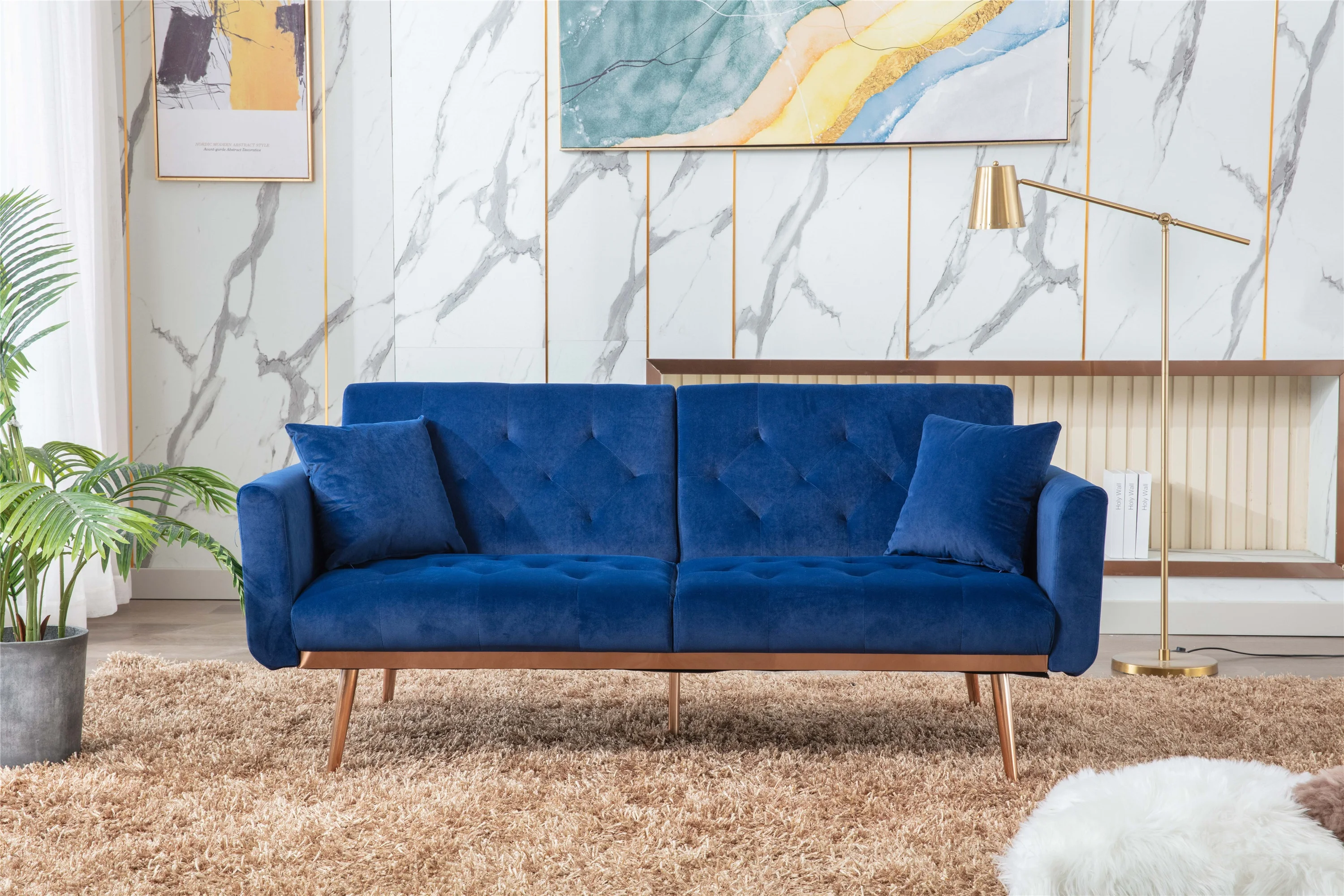 

30.7'' H x 63.78'' W x 31.50'' D Modern Home Furniture Velvet Sofa Loveseat Sofa With Rose Gold Metal Feet And Navy Velvet