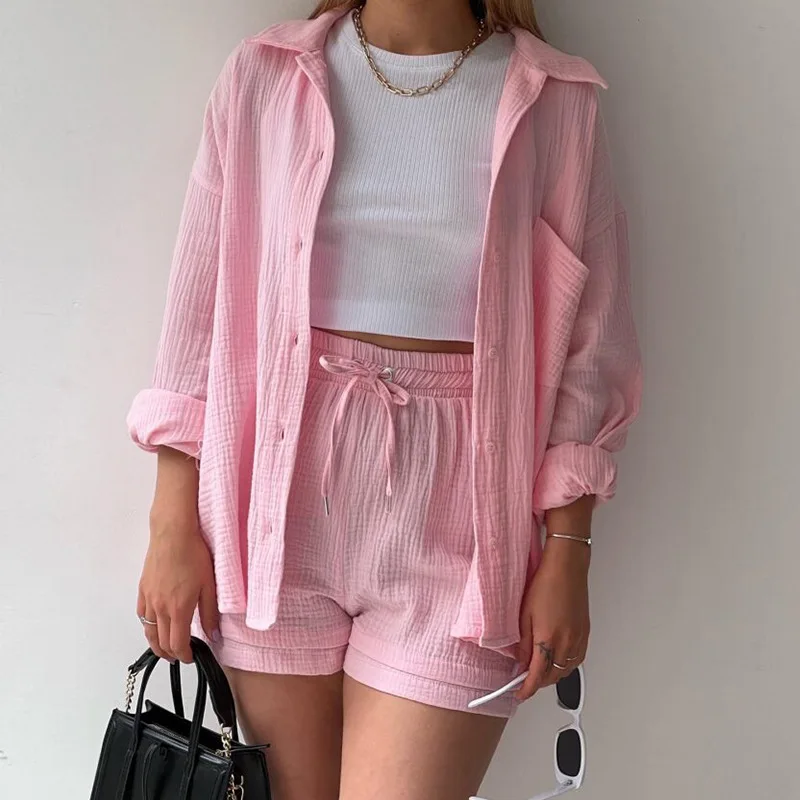 Women's two-piece set with ruffled lapels, long sleeved shirt, high waist drawstring shorts, stylish casual suit