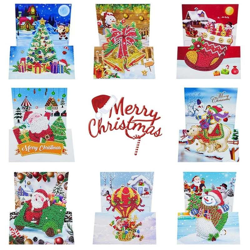 

8pcs/Set Christmas DIY Diamond Painting Greeting Cards 5D Cartoon Postcards Kids Festival Embroidery Greet Cards Handmade Gifts