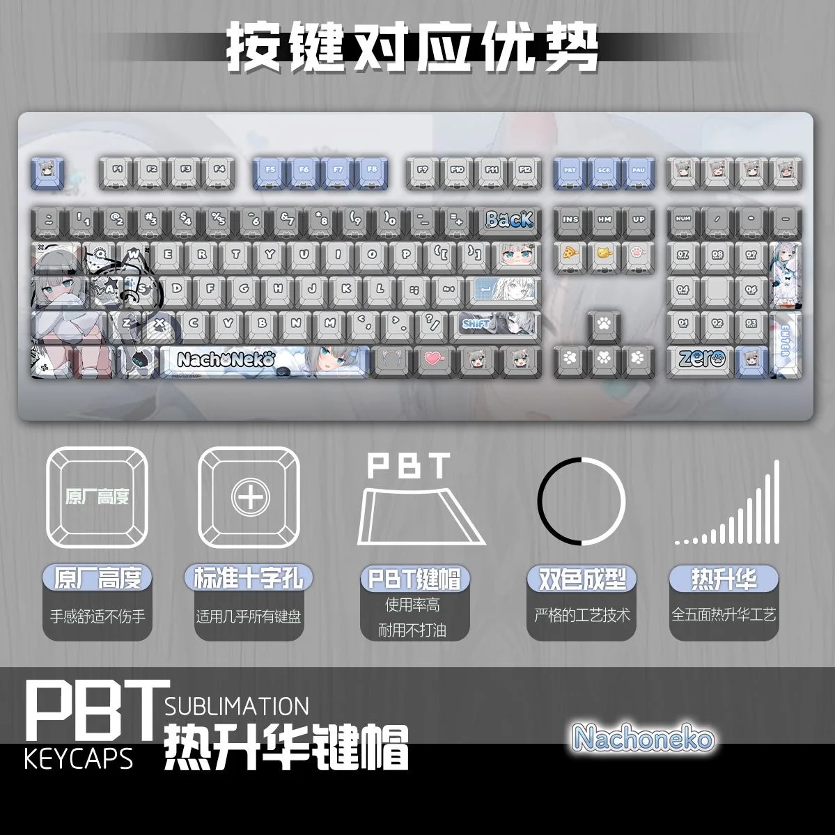 Фото Клавишные колпачки Amagi Neko 122 PBT Nachoneko Cherry Profile ANSI Layout для механических клавиатур Made68, Mad68, Wooting60 №4