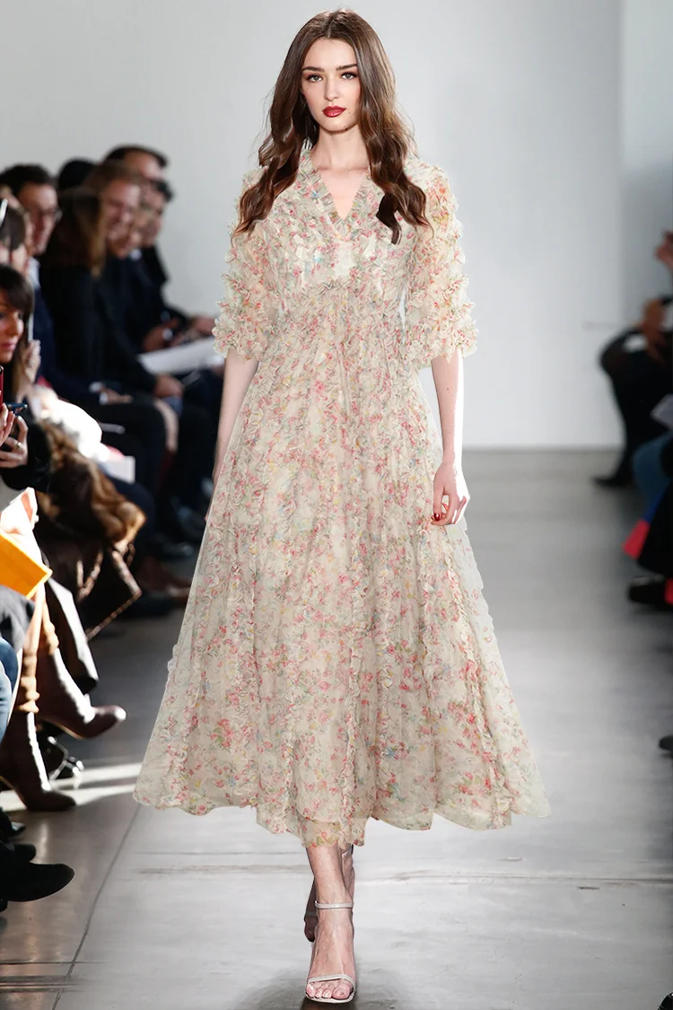 Fashion Designer Summer Women's Elegant V-neck Ruffles Floral Print Mesh High Waist Midi Dress
