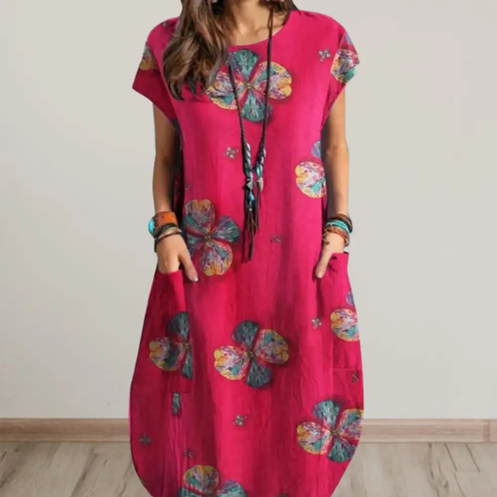 

Женское платье с круглым вырезом, коротким рукавом и карманами