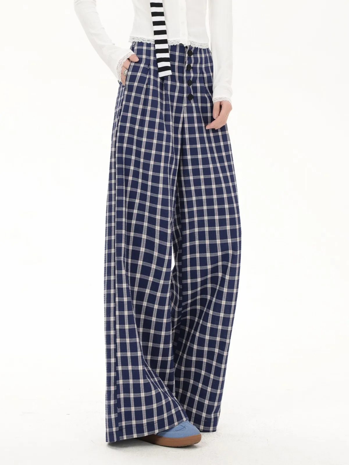 Брюки ZHISILAO женские в клетку повседневные свободные прямые штаны пол с завышенной