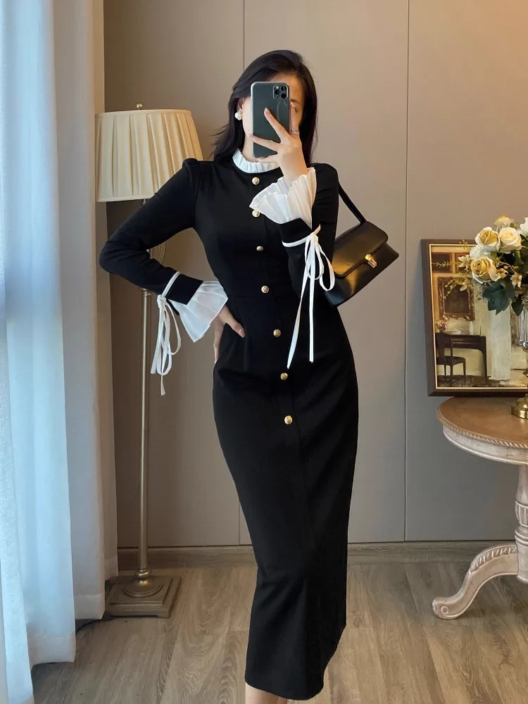 Элегантное и изысканное черное платье для женщин осенью зимой с легким роскошным