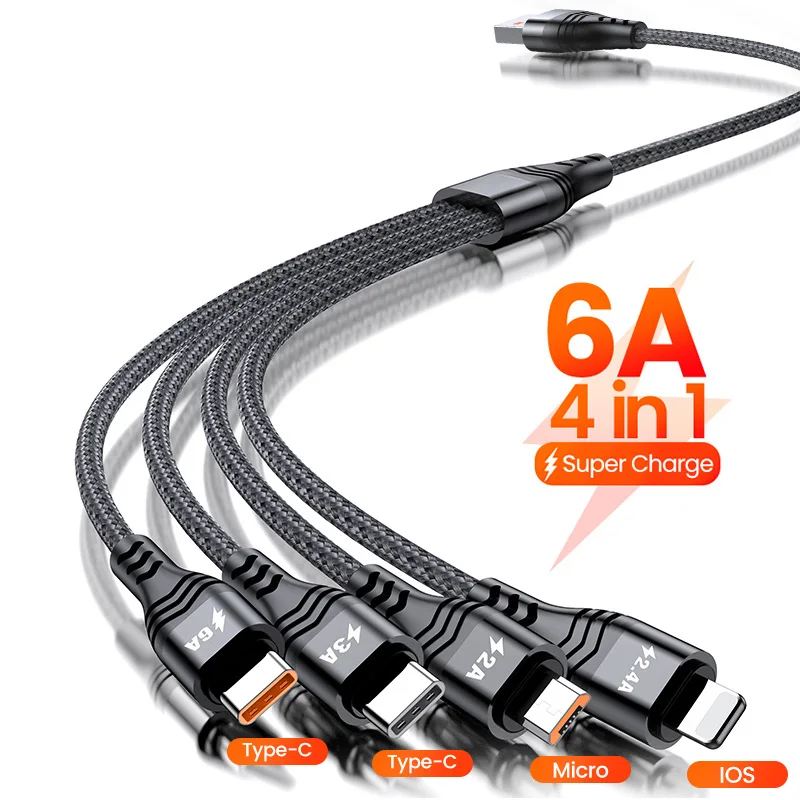 

4in1 USB Cable For iPhone 13 12 11 6A 66W Data Cable Micro USB C cable For Xiaomi Samsung OPPO Huawei Fast Charging Cable