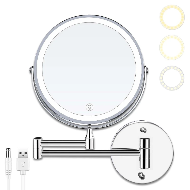 

Rechargeable Wall Mounted Lighted Makeup Mirror 8 Inch Double Sided 1X/10X Magnifying Vanity Mirror with 3 Color Lights Recharge
