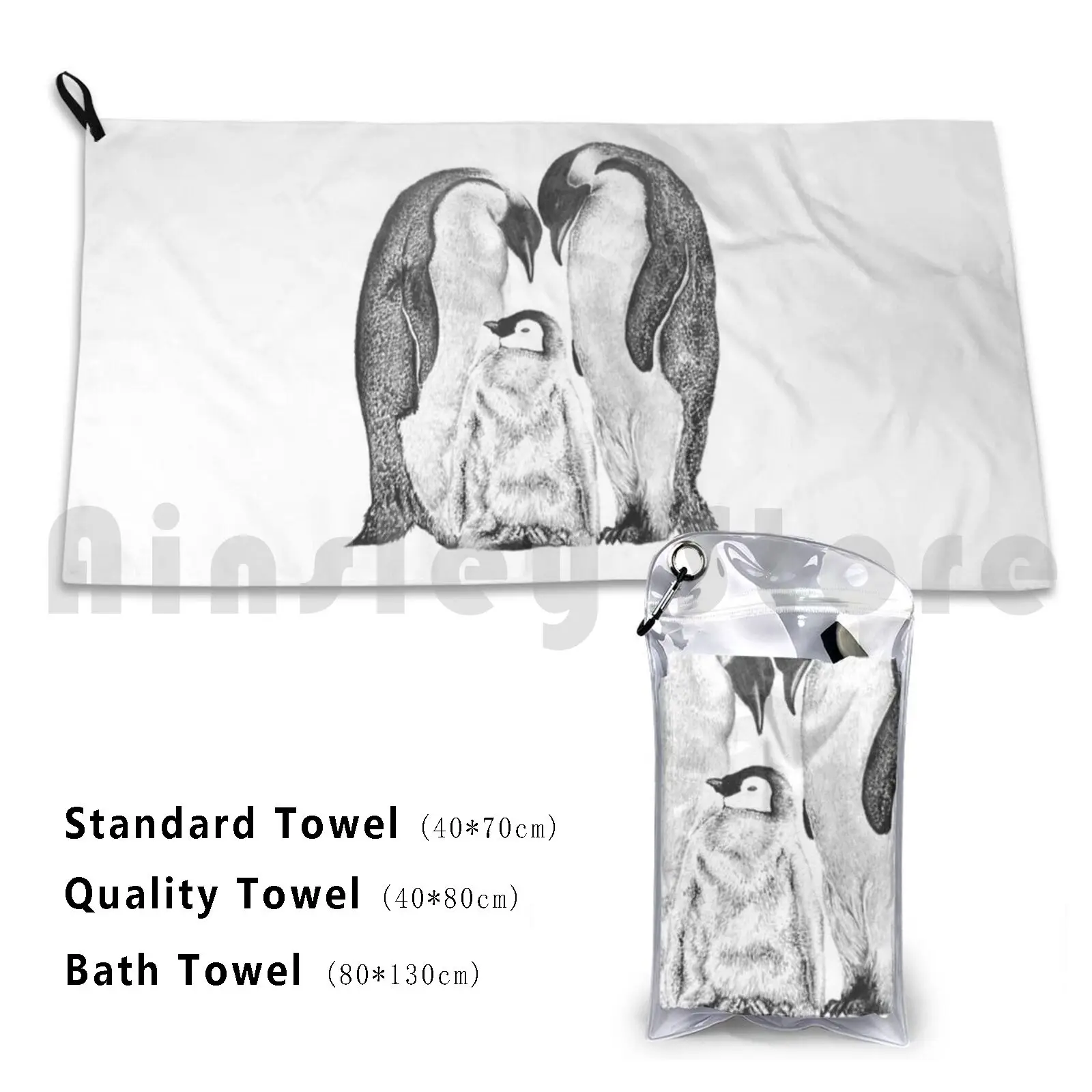 Graphite Drawing Custom Towel Bath Towel Penguins Pencil Animal Black White