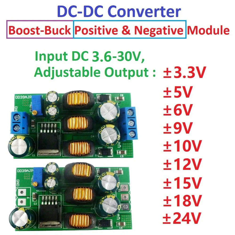 

DC 3.6-30V 20W to ±5V/6V/9V/10V/12V/15V/24V Positive Negative Dual Output Power Supply DC DC Step-up Boost-Buck Converter Module