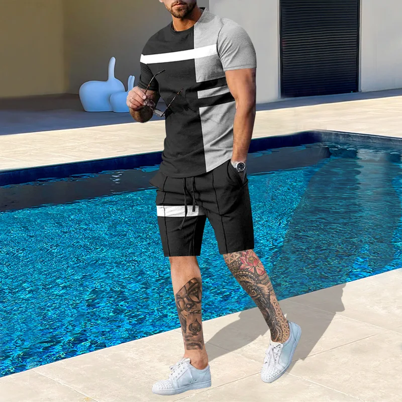 2023 Men's Suit Fashion 3D Printed Street Wear Summer T-shirt Shorts 2-piece Suit Casual Oversized Sports Wear Men's Street Wear