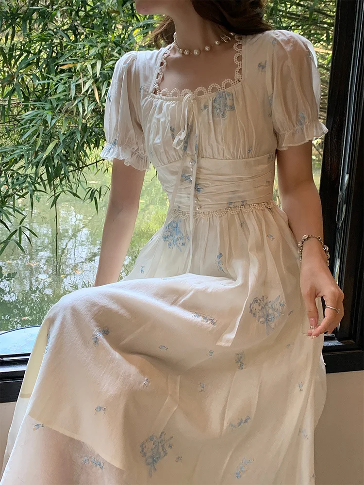 Blue Embroidered Fragmented Flower White Dress, Female Summer Tea Break, French Square Neck, Immortal Qi, Super