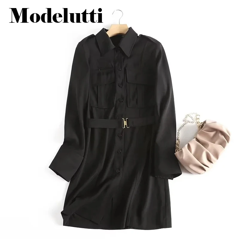 

Женское однобортное платье с длинным рукавом, поясом и лацканами