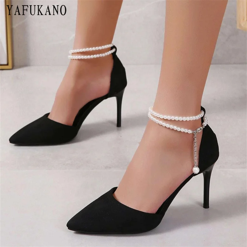 

Suede Faux Pearl Decor Pointed Toe Stiletto Heeled Ankle Strap Pumps Mid Hollow Women Sandals Elegant Party Dress Shoes 2022 New