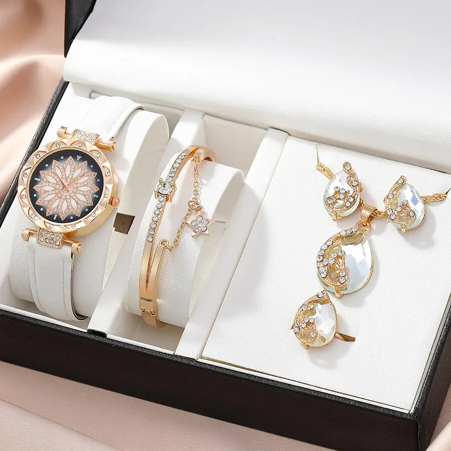 Montres femmes Women Business Fashion Casual Round Pointer Quartz Watches Necklace Bracelet Earrings Ring Set 5pcs tendance 2023