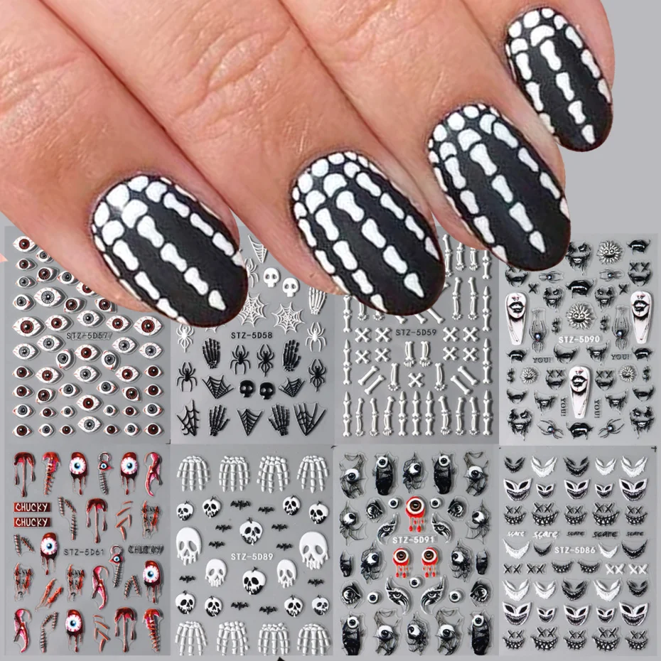 Наклейки для ногтей 5D в виде скелета на Хэллоуин 3 шт.