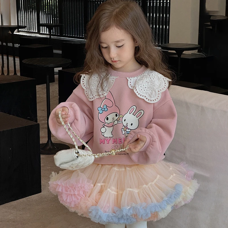 

Anime Cartoon Hoodies My Melody Sanrio Cute Child Girl Lace Lapel Autumn Winter Kawaii Students Thickening Warm Tops Gifts Girls