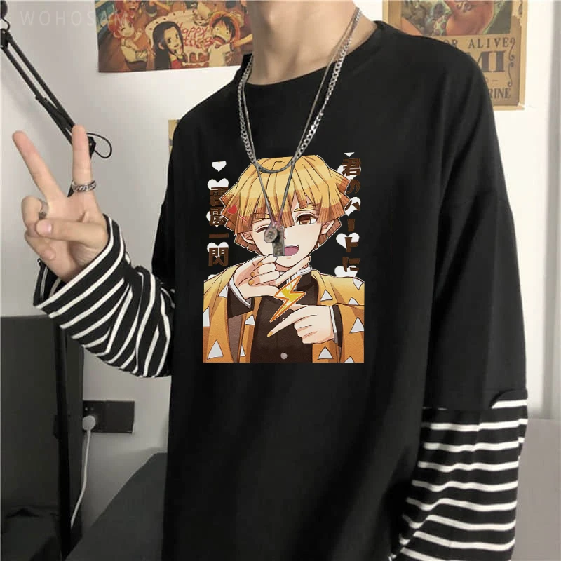 

Kawaii Anime Demon Slayer Long Sleeve T Shirts Men/Women Harajuku Manga Funny Agatsuma Zenitsu Print Summer Striped T-Shirt Tops