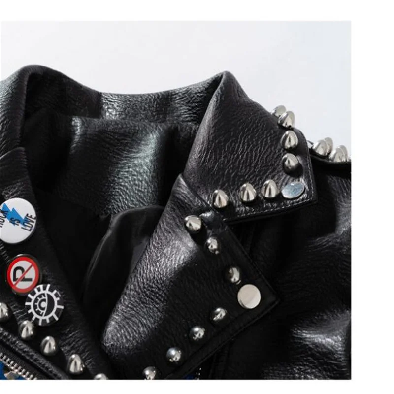 Women's short leather jacket spring European and American large size motorcycle slim fit english letter rivet coats black blue