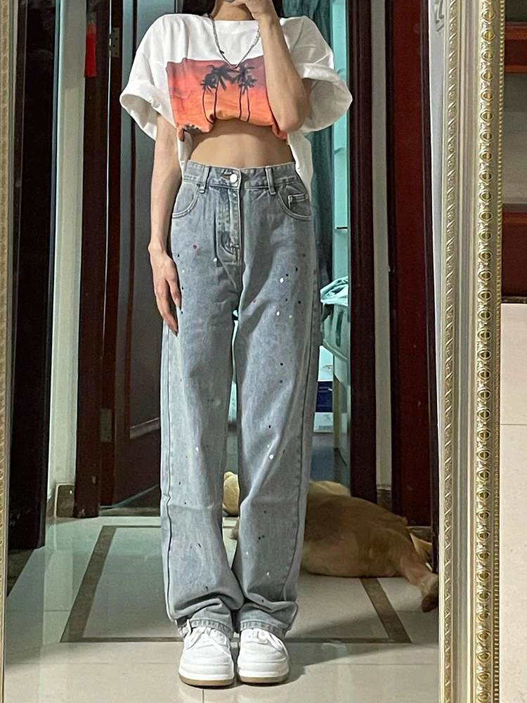 

American Y2k Retro Hot Girl Splash Ink Blue Jeans Korean Fashion High Waist Loose Straight Leg Vintage Streetwear Jean Women