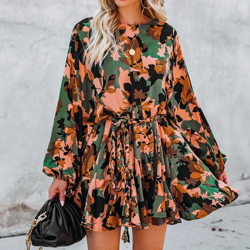 

2022 Women Sexy Boho Dress Summer Female Long Sleeve Fashion Printed Prom Dresses Clothes High Street Vintage Dress with Belt