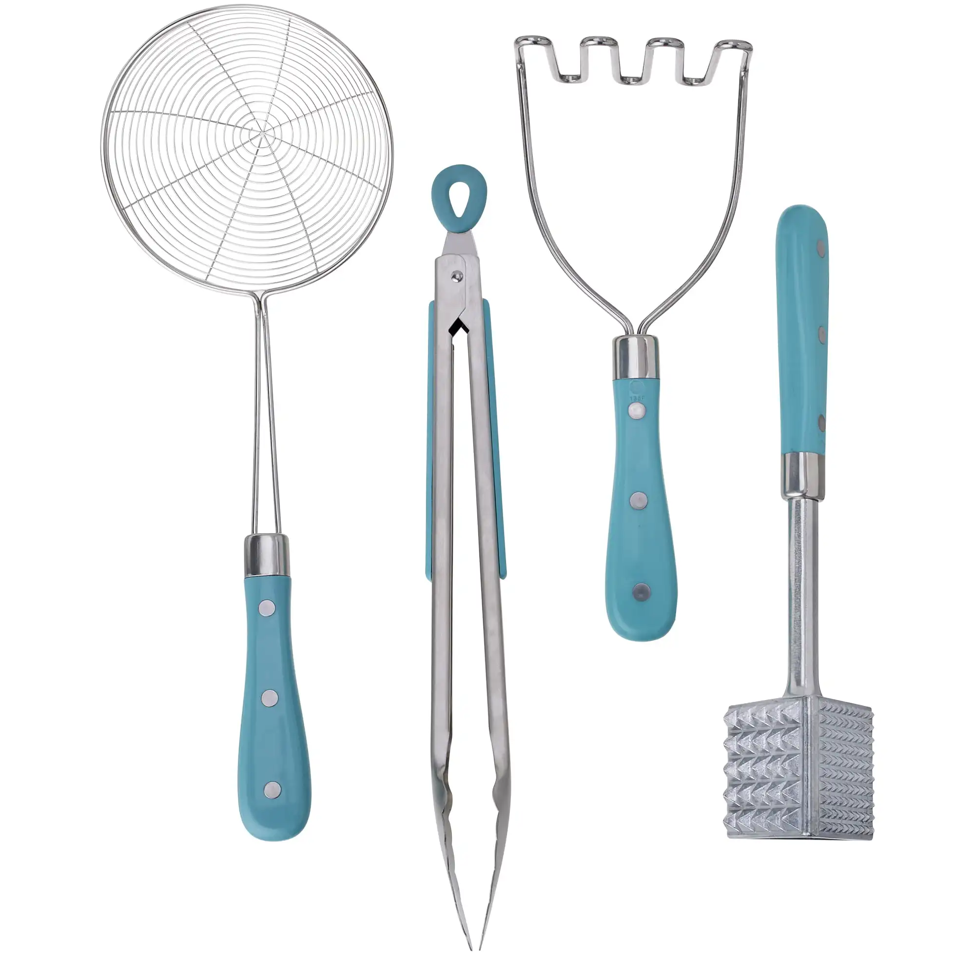 

4-Piece Stainless Steel Kitchen Tool Set with Skimmer, Tongs, Masher, and Tenderizer, Teal