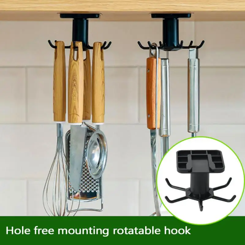

360 Degrees Under Rotated Kitchen Hooks Self Adhesive 6 Hooks Home Wall Door Hook Handbag Clothes Ties Bag Hanger Storage Rack