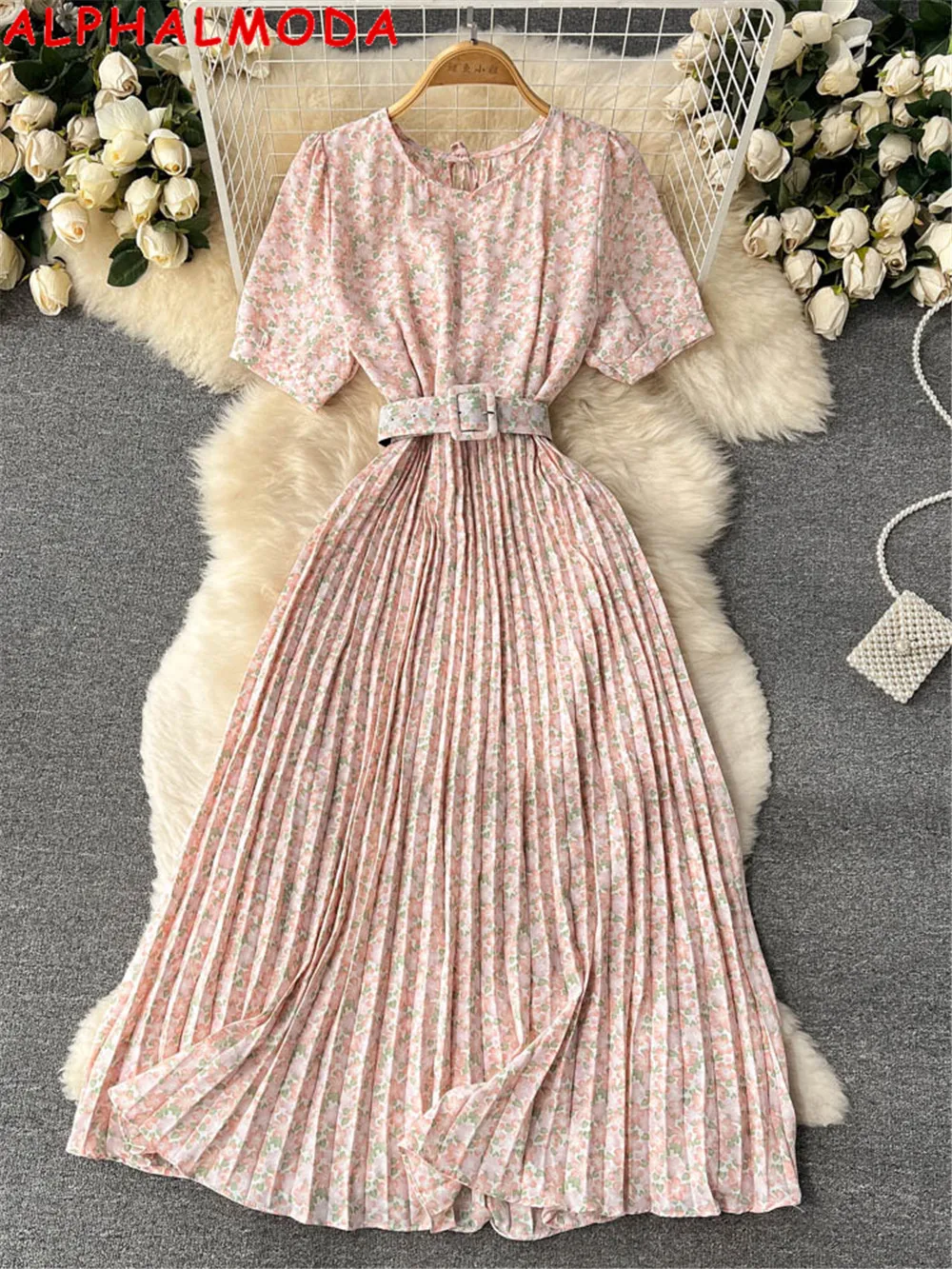 

ALPHALMODA 2022 New Floral Print Belted Pleated Short-sleeved Dress Women Fashion Summer Dress Mid-calf Elegant Women Dress