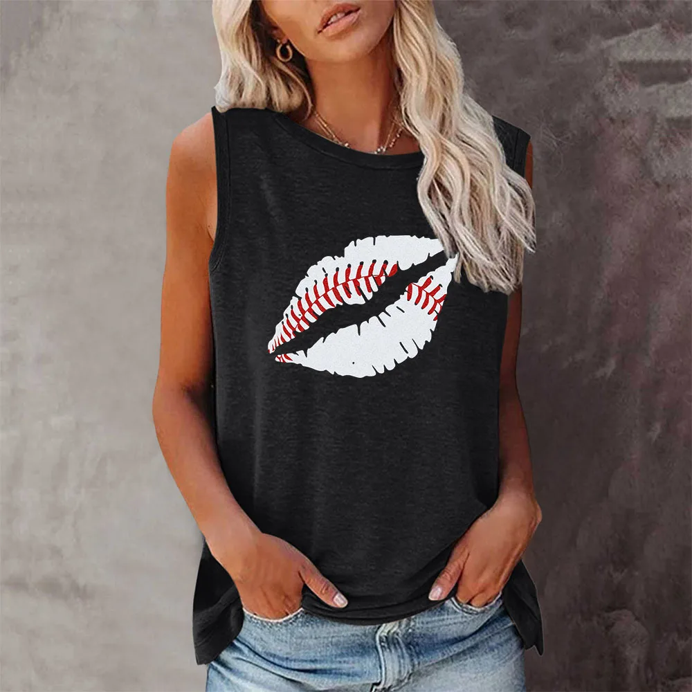 

Футболка Seeyoushy с забавным принтом губ, женская футболка без рукавов с круглым вырезом, летняя модная женская футболка, женские топы