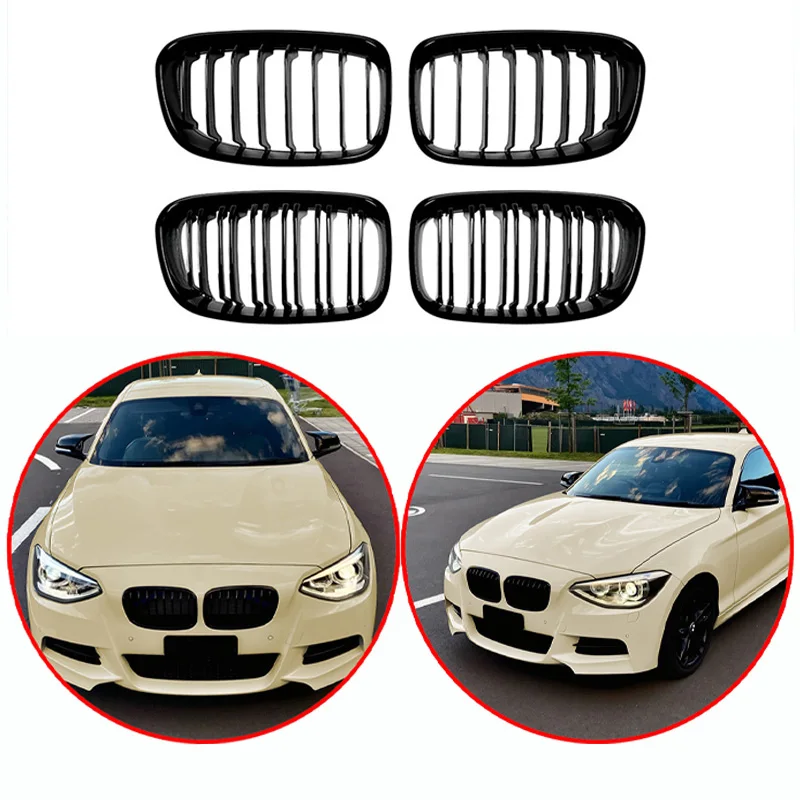Фото Для BMW 1 серии F20 2011-2014: Высококачественная решетка радиатора (одинарная/двойная линия) из ABS-пластика, глянцевый черный цвет, для переднего бампера автомобиля. №1