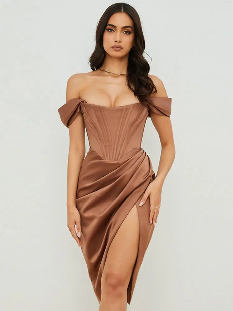 

High Quality Satin Bodycon Dress Women Party Dress 2021 New Arrivals White Midi Bodycon Dress Celebrity Evening Club Dress