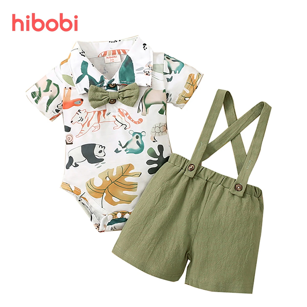 hibobi Baby Boy Jumpsuit Summer Cute Animal Print Romper Solid Overalls Short Sleeve Short Boys Clothes Set Infant Outfits 2pcs