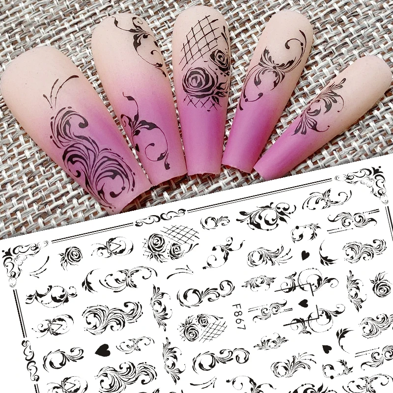 

New 3D Nail Sticker Art Sliders Rose Flower Black Stripe Stickers for Nails Manicure Decals Decoraciones Accessories