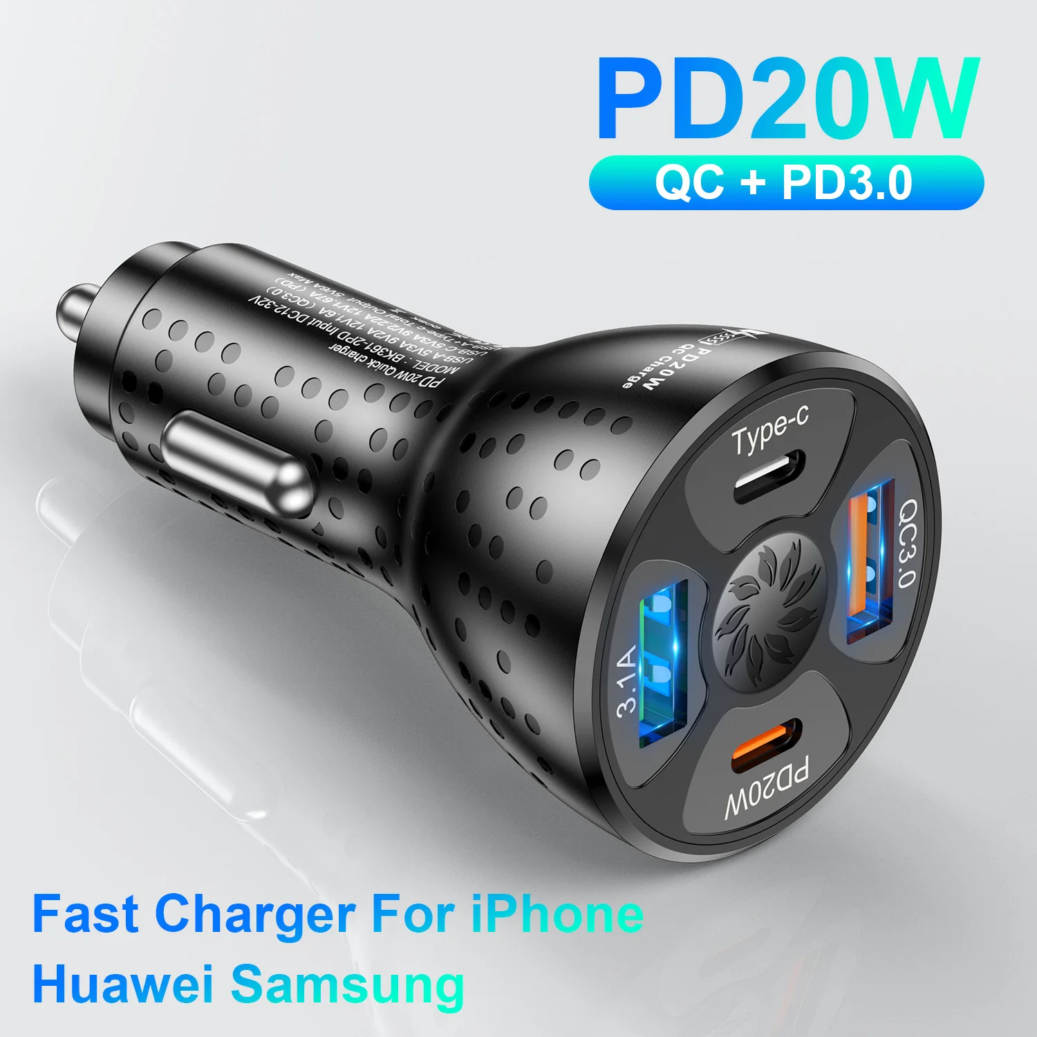 Автомобильное зарядное устройство USLION PD 20 Вт с 4 USB-портами, быстрая зарядка QC PD 3,0, быстрая зарядка для iPhone 14 13 12 Xiaomi Huawei, автомобильное зарядное устройство для телефона