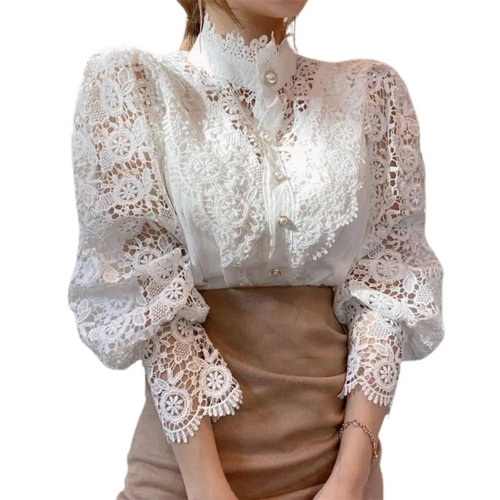 

Elegant Lace Embroidery Women Shirt Blouse Petal Sleeve Hollow Out Solid Button Stand Collar Plus Size Blouse Women Fashion 2023