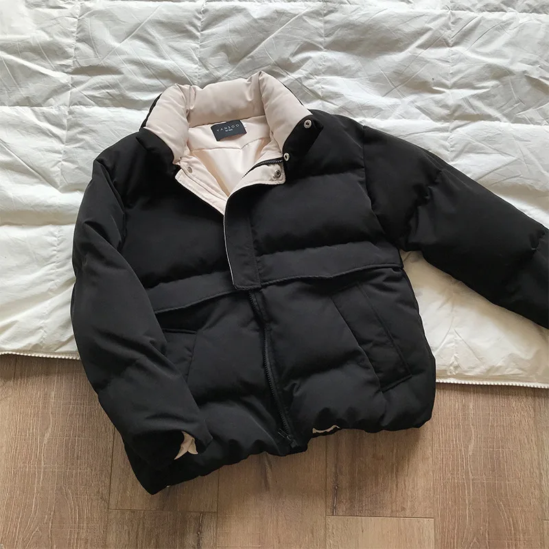 2023 Women Solid Color Padded Coats Warm Female Parkas Winter Jackets Streetwear Polyester Zipper Loose Black Patchwork Overcoat