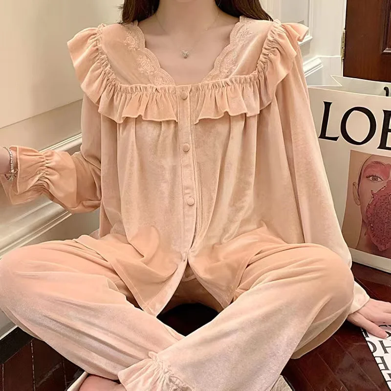 

Women's Pajamas Set Gold Velvet Autumn Winter Long-Sleeved Trousers Pyjamas 2Piece Set Home Clothes Homewear