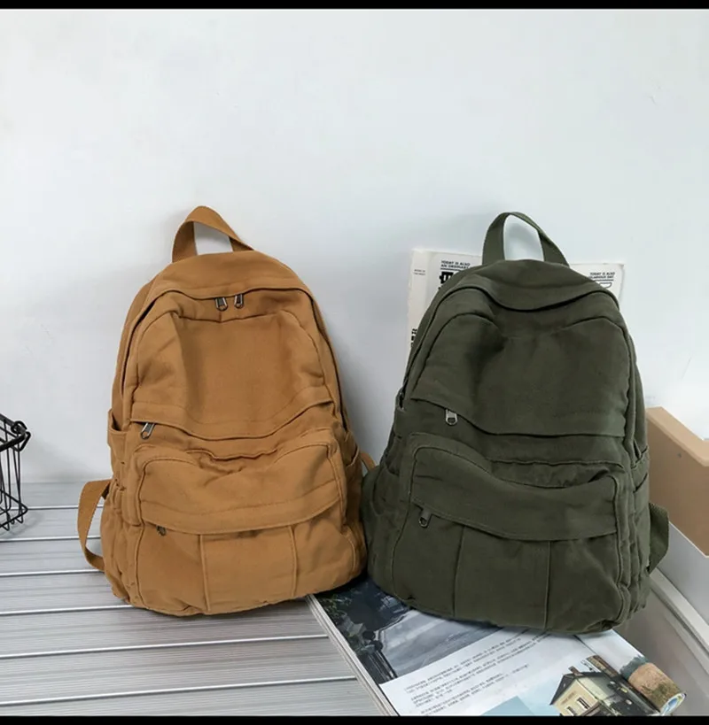 Korean Retro High School Students Solid Colour Backpack Washed Canvas Women's Handbag Travel Backpack Girls Students Schoolbag