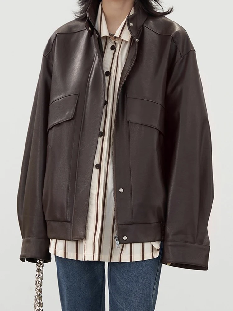 

Куртка Ailegogo Женская демисезонная из искусственной кожи, свободная верхняя одежда с воротником-стойкой, на молнии, в винтажном стиле бойфрен...