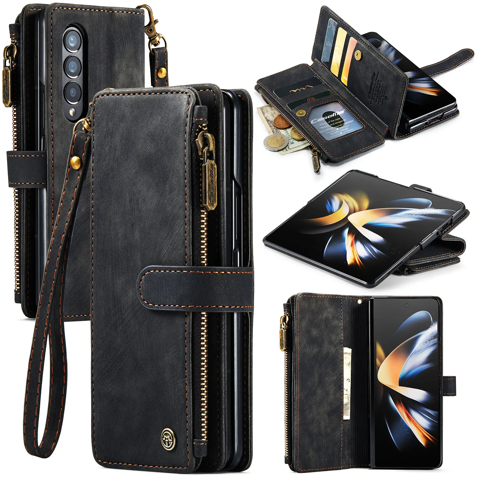 

for Samsung Galaxy Z Fold 3/4 Wallet Case,Durable PU Leather Magnetic Wallet Flip Lanyard Strap Wristlet Zipper Card Holder Case