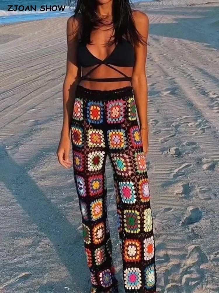 2022 BOHO Lacing up Colored Plaid Hand Crochet Pants Woman Adjust Lacing up Waist Holiday Trousers Beach Bottom