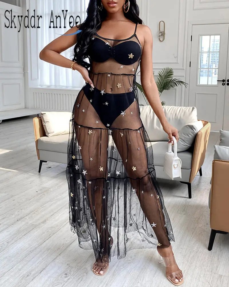 

Summer Dresses Woman 2022 Black Sexy Sequined Mesh Long Dress Beach Cover Ups For Women