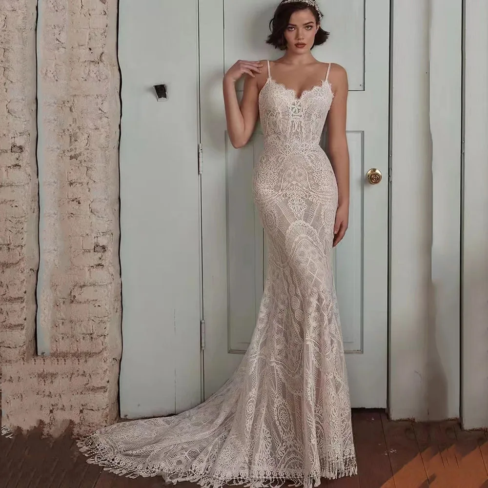 

2022 Beach V-Neck Wedding Dress For Ladies Sexy Spaghetti Strap Long Sleeveless Vestido De Novia Lace Mermaid Bridal Gown