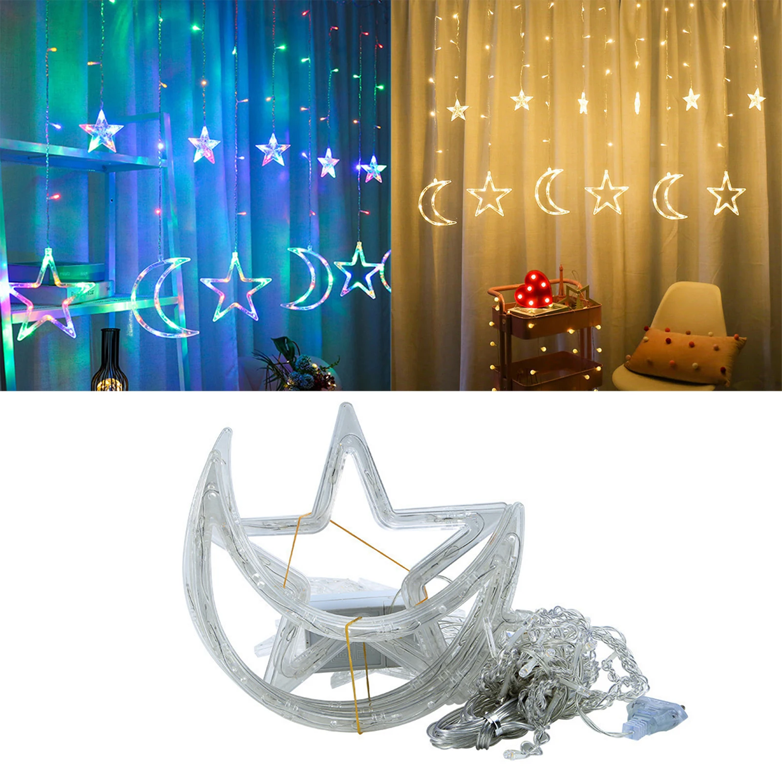 

Moon Star Led String Lights LED Star Moon String Lights Window Curtain Lights With 8 Flashing Modes Ramadan Wedding Party Home
