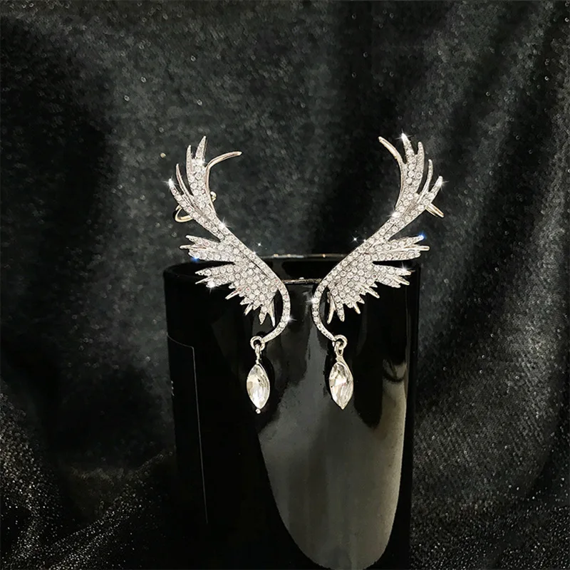 

New Fashion Full Rhinestone Wing Clip Drop Earrings for Women 2022 Bijoux Shiny Water Drop Crystal Dangle Earrings Jewelry Gifts