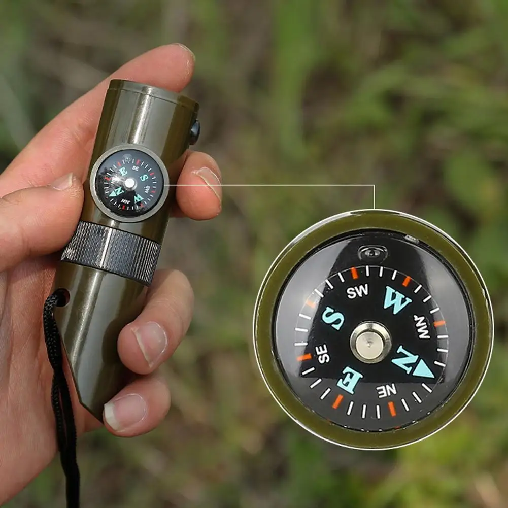 

7 in 1 ABS High-strength Outdoor Multi-function Survival Whistle Compass Thermometer Signal Mirror Magnifying Glass Flashlight