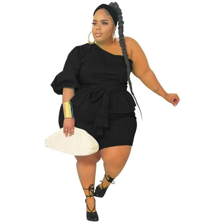 Plus Size Summer Oversize One Shoulder Women Two Pieces Set Ruffles Sash Short Sleeves t Shirt Tight High 3xl 4xl 5xl 6xl