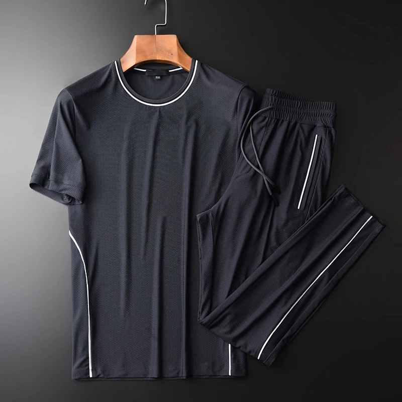 

Лето 2022, мужские комплекты (футболка + брюки), роскошная футболка с коротким рукавом и круглым вырезом, мужской спортивный костюм, тонкие спо...