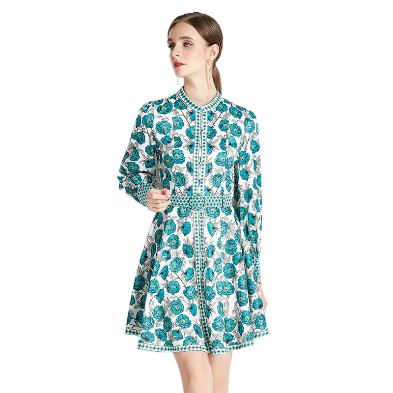 Simgent Print Dress 2022 Women Autumn Long Sleeve Stand Collar A Line Elegant Print Mini Dresses Vestidos Robe Femme SG28245