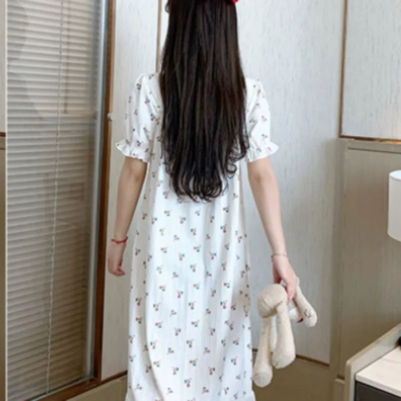Solid Floral Sweets Summer Pajamas For Young Women 2023 Short Sleeve Lace Thin Sleepwear Square Collar Long Length Nightdress