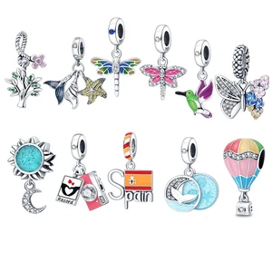 New 925 Sterling Silver Pink Zircon Pave Butterfly Charms Pendants Fit Original Pandora Bracelet Necklace for Women Jewelry Gift